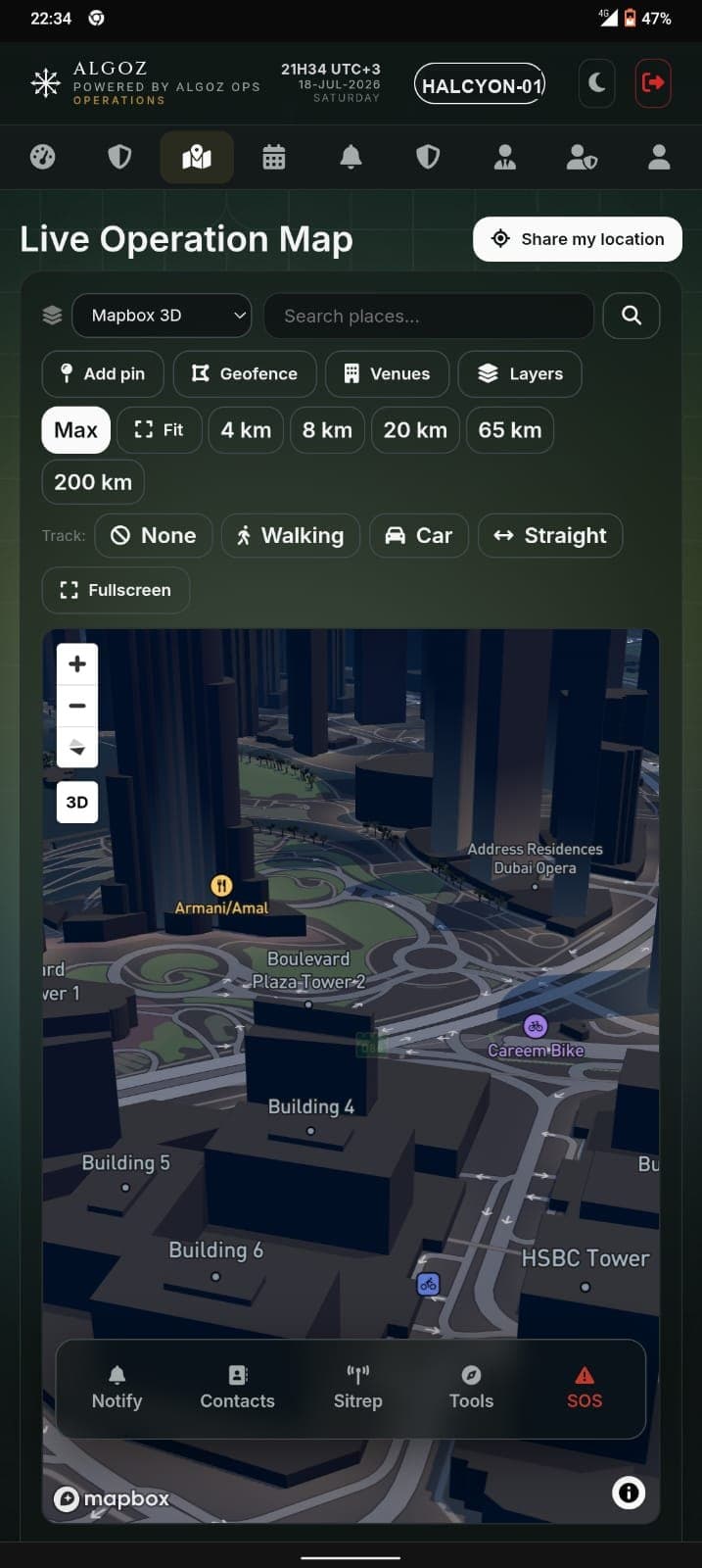 Live operation map with 3D view